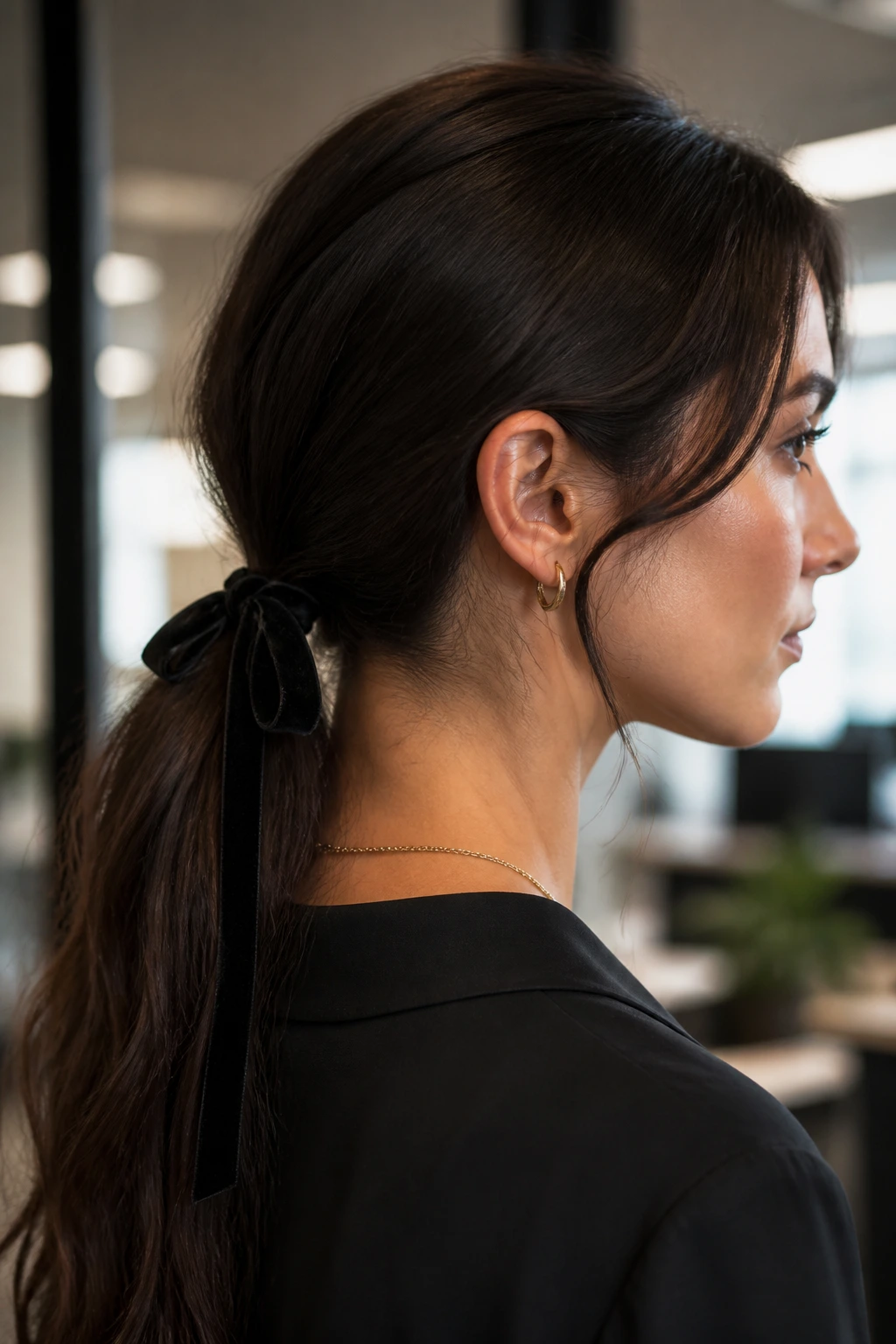 Real person with low ponytail and velvet ribbon detail in office setting