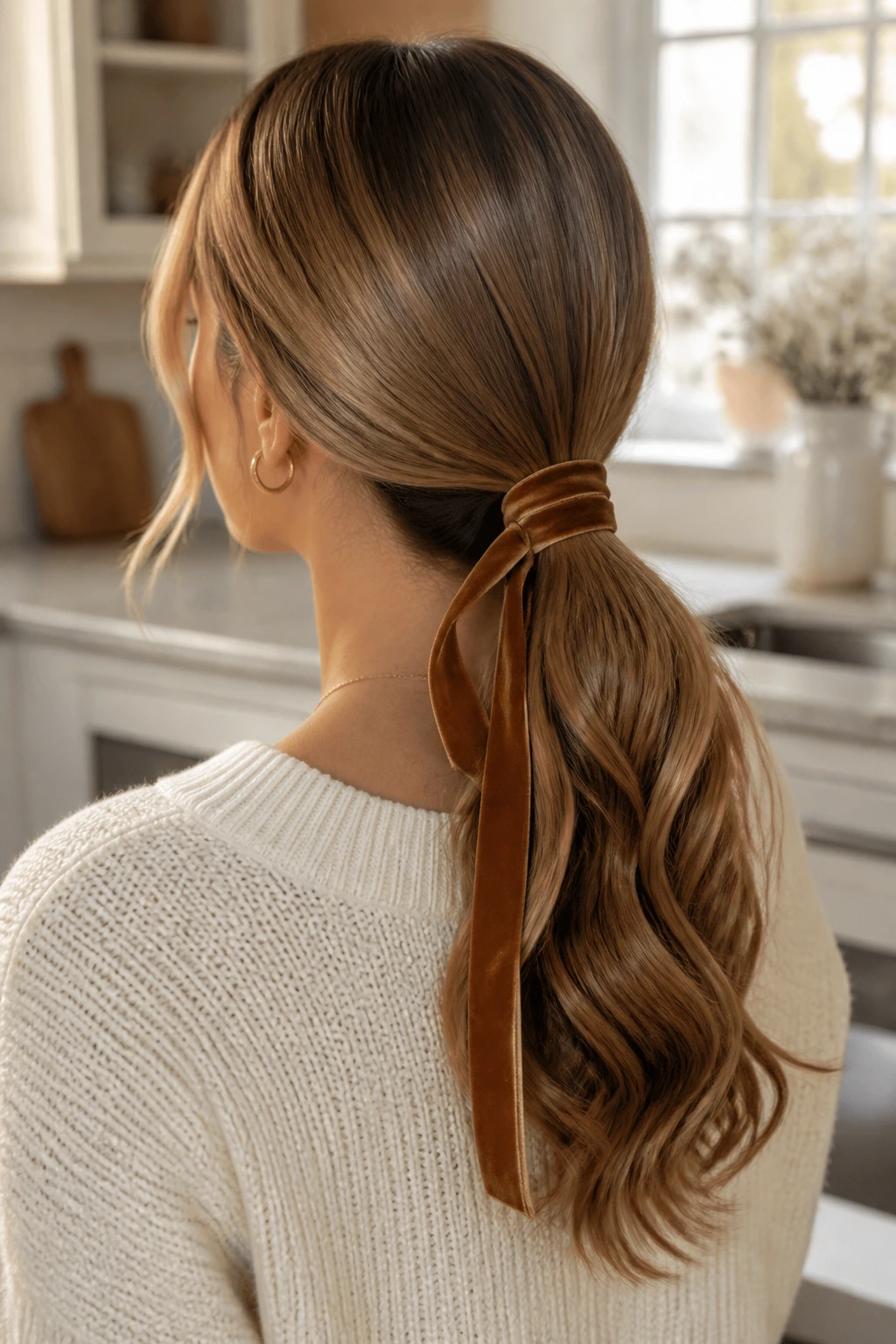 Rear/three-quarter view of a real woman with a low ponytail wrapped in velvet ribbon.