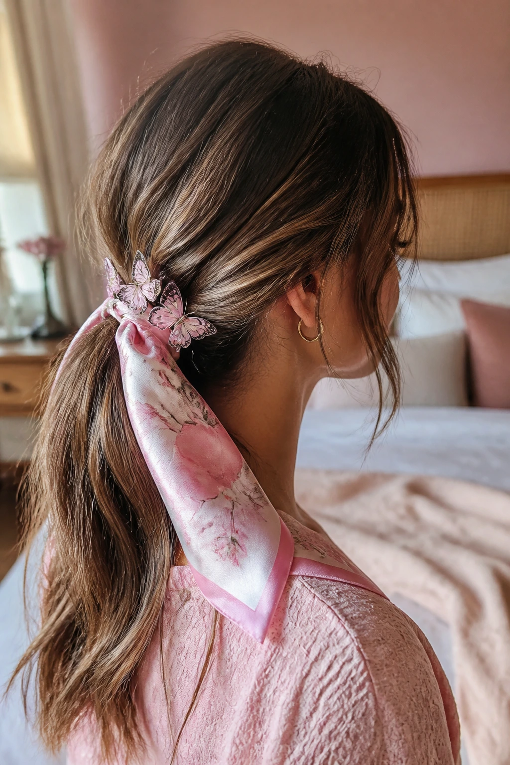 Close-up of real woman with a low ponytail wrapped in pink scarf and pink butterfly pins