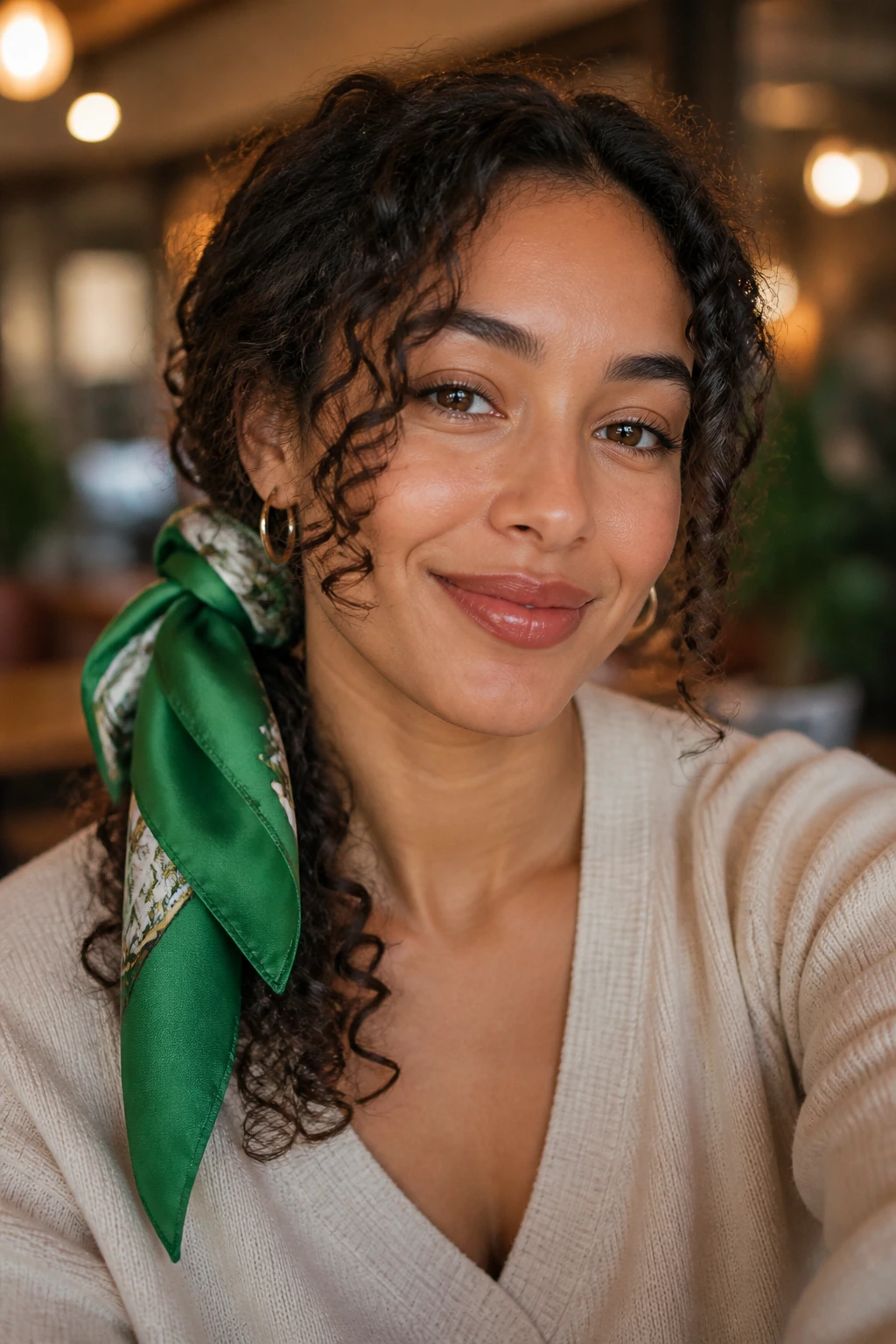 Portrait of a woman with a low ponytail wrapped in a green silk scarf