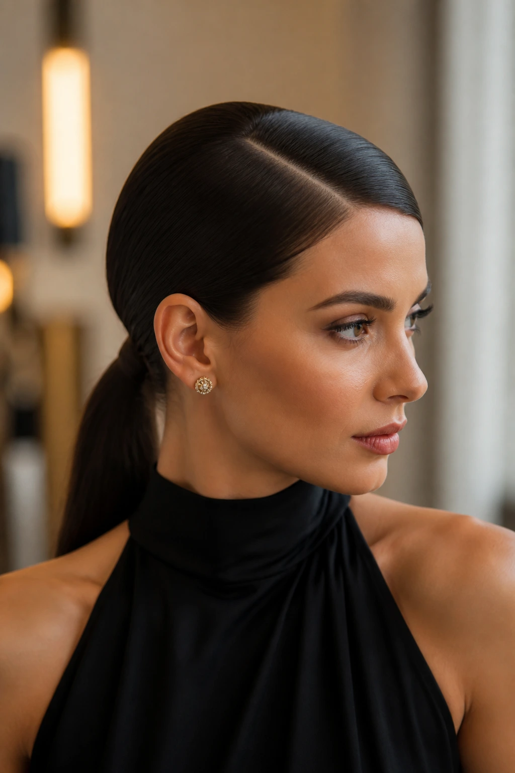 Sleek low ponytail with deep side part on a real person.