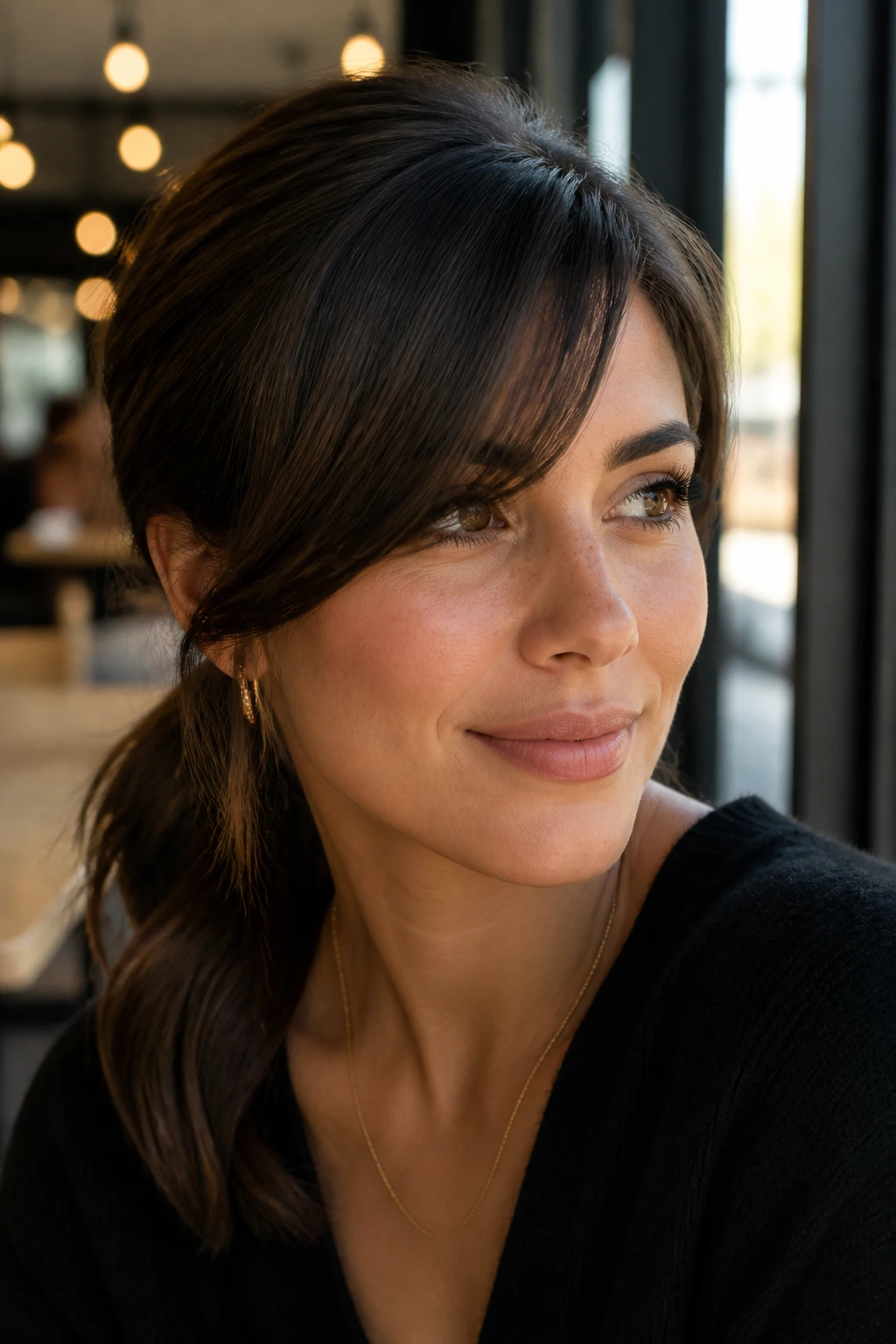 Close-up of a real woman with a low ponytail and side-swept bangs