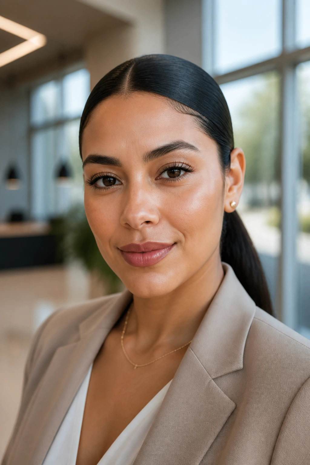 Close-up of a real woman with a polished low ponytail and hidden wrap at the nape.