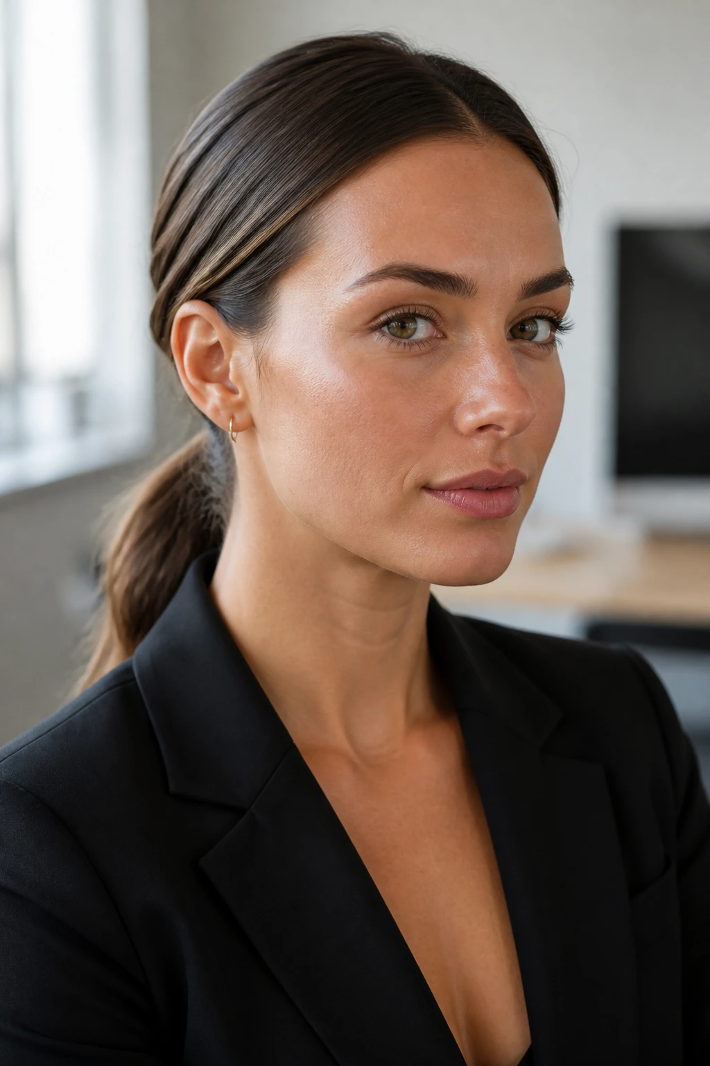 Person with sleek low ponytail and slicked-back bangs