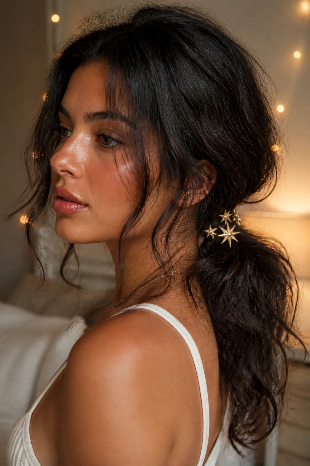 Close-up of a real woman with messy low ponytail and star pins