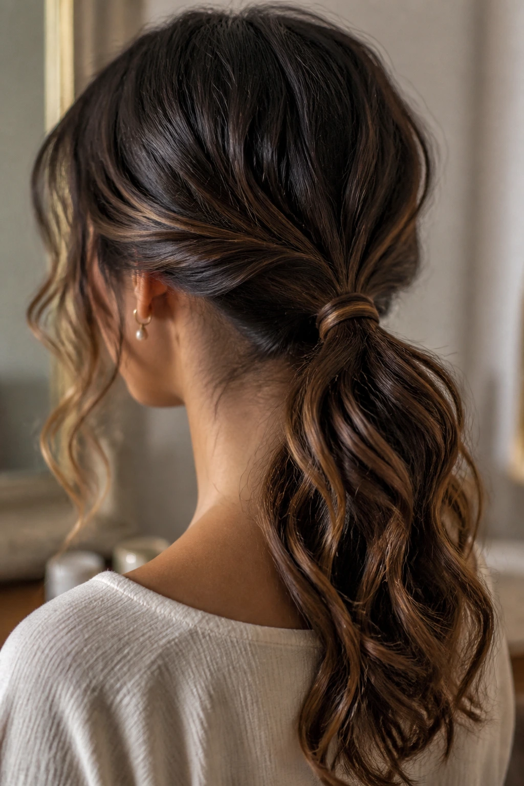 Close-up of a textured low ponytail at the nape in a softly lit room.