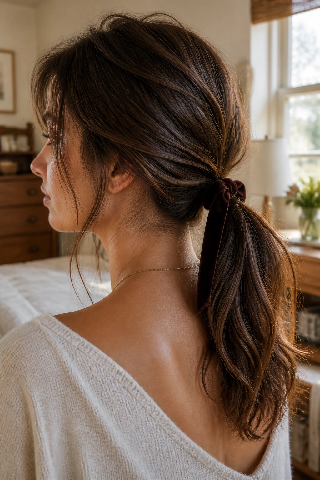 Close-up portrait of a real woman with a textured loose low ponytail and velvet ribbon.