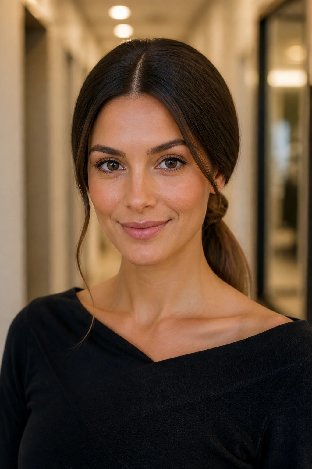 Head-and-shoulders shot of a real woman with a low ponytail and twist at the base.