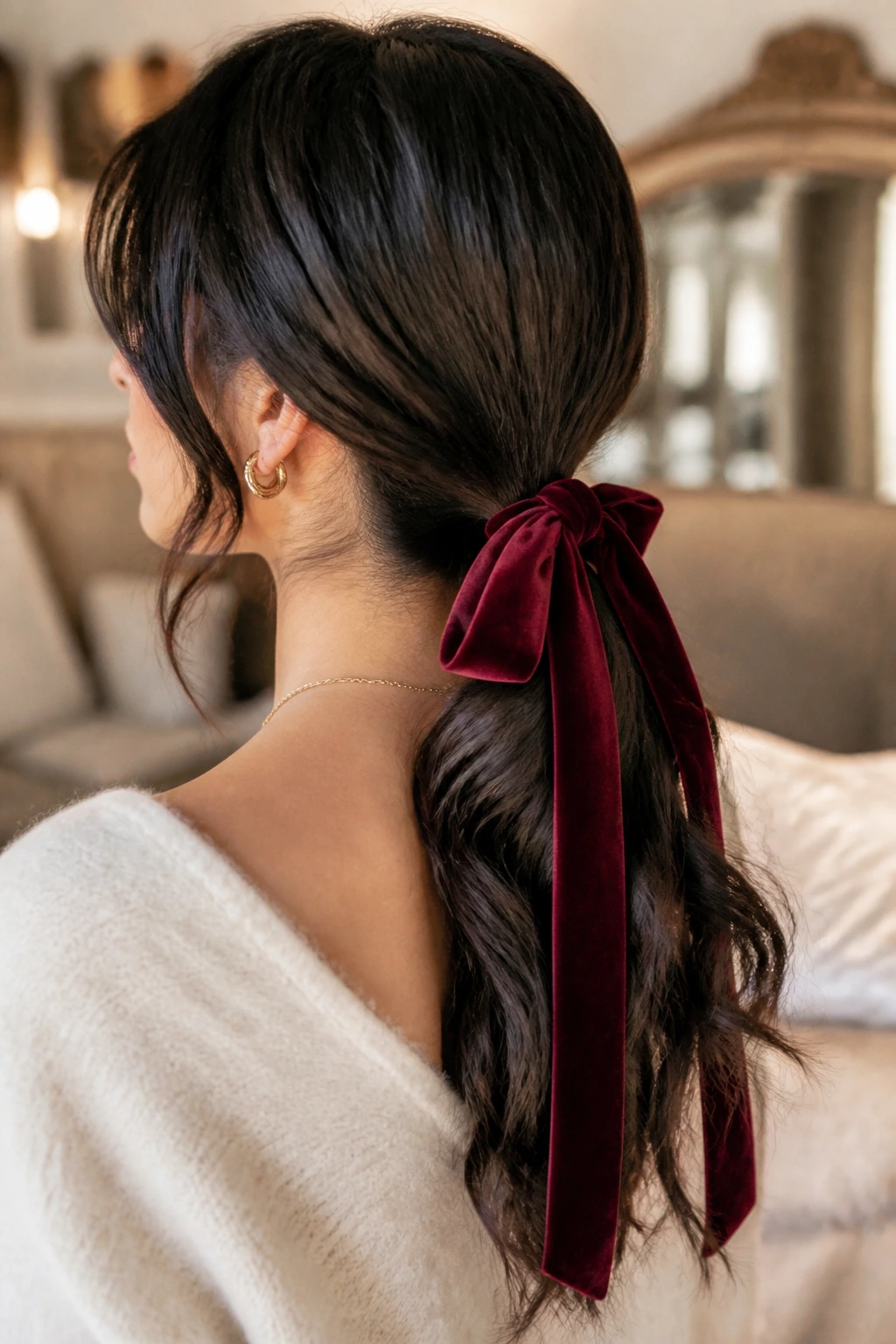Close-up of a low ponytail with velvet ribbon on a real person