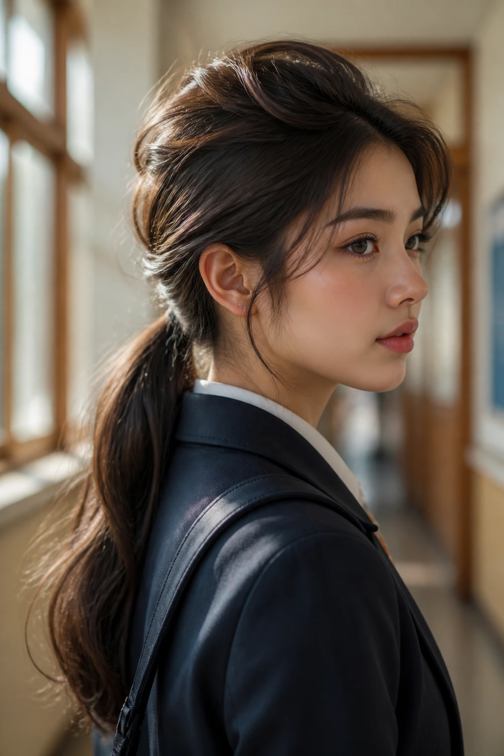 Close-up of a woman with voluminous low ponytail at the nape in warm classroom lighting