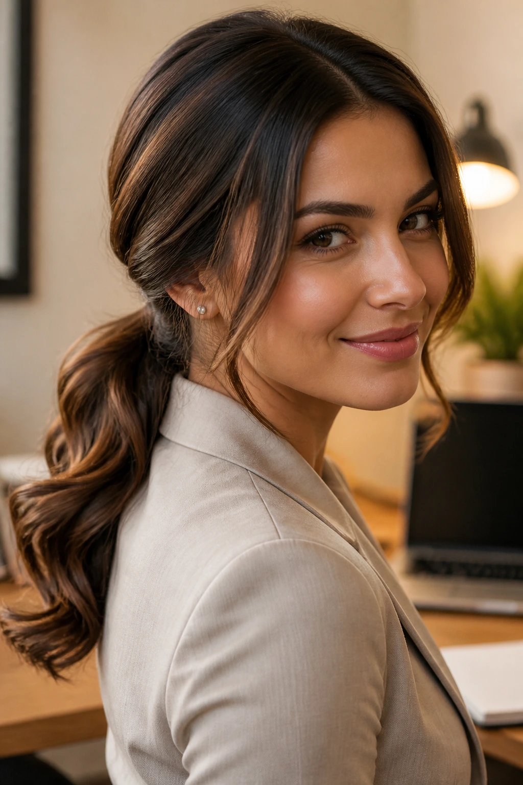 Close-up of a real woman with a low ponytail and soft waves.