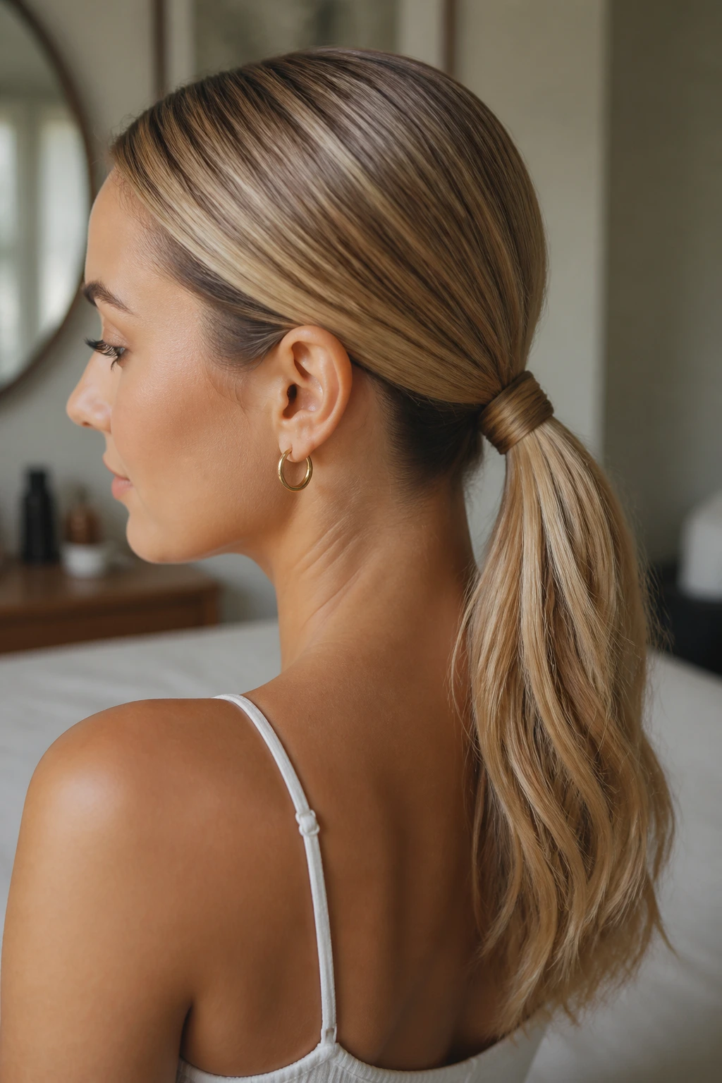Close-up portrait of a real woman with a low ponytail wrapped around the elastic.