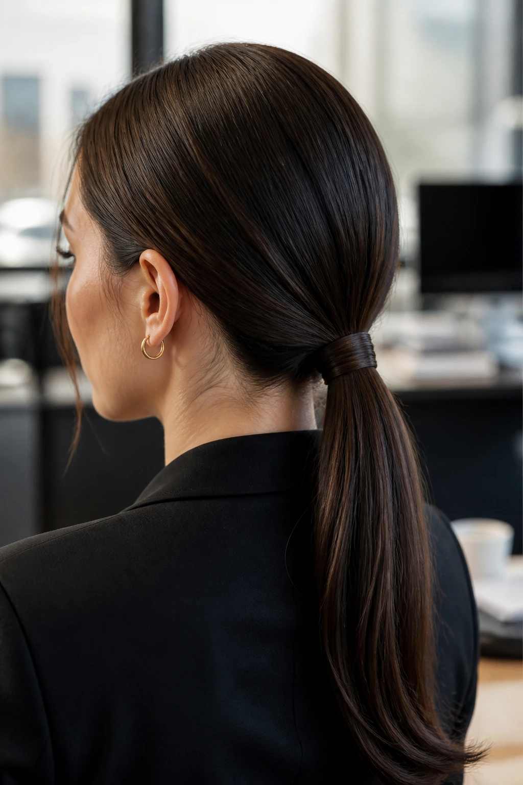 Close-up of a real person with a sleek low ponytail and wrapped ponytail at the nape