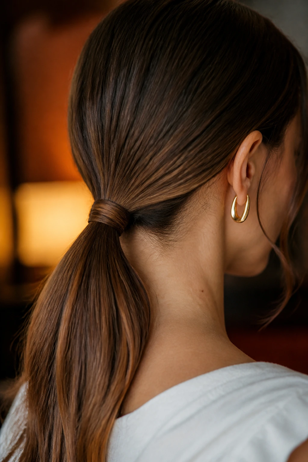 Close-up of a real person with a low ponytail wrapped around the elastic