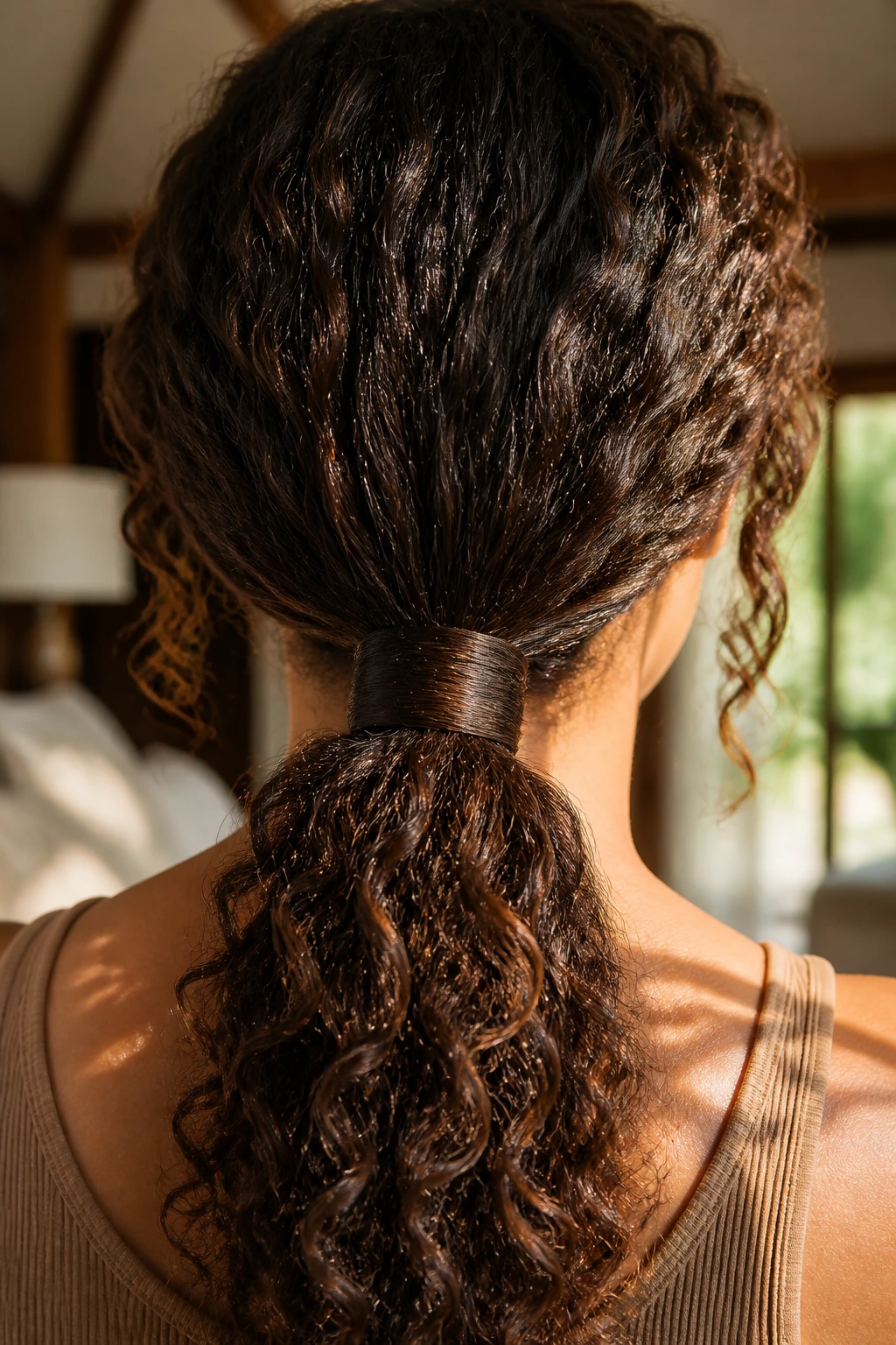 Back view of a real woman showing a low ponytail with a wrap around the elastic.