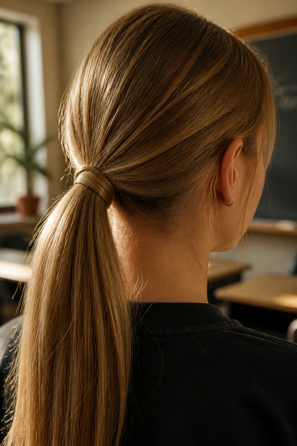 Back-of-head close-up showing a low ponytail with a strand wrapped around the elastic