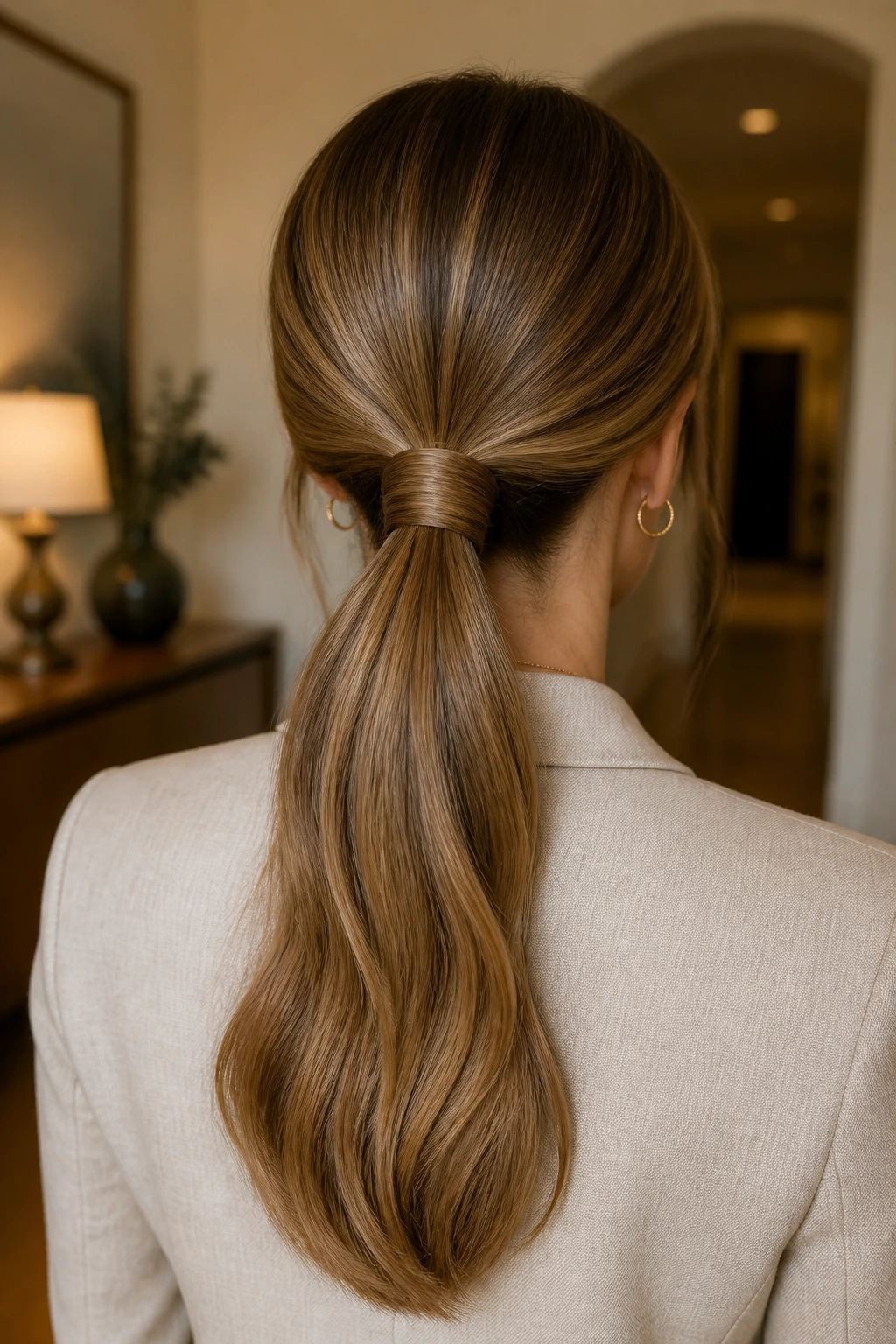 Back view of a real person with a low ponytail wrapped around the base.