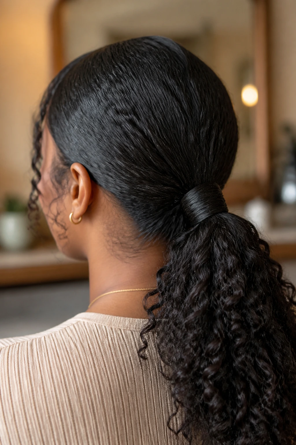 Close-up behind-the-head of wrapped low ponytail on a real person