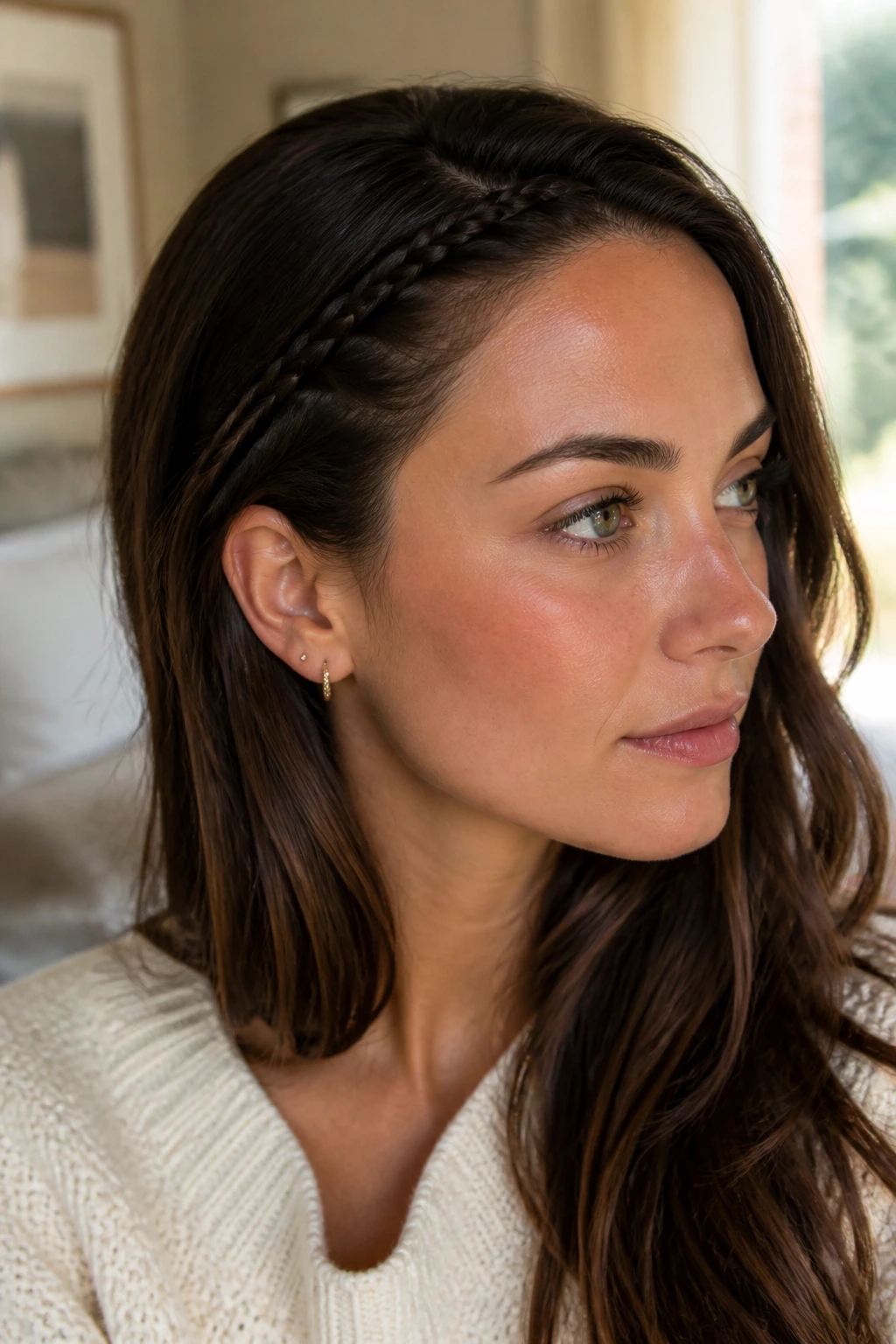 Close-up of Low-Profile Invisible Braid Headband on a real woman along the hairline behind the ear