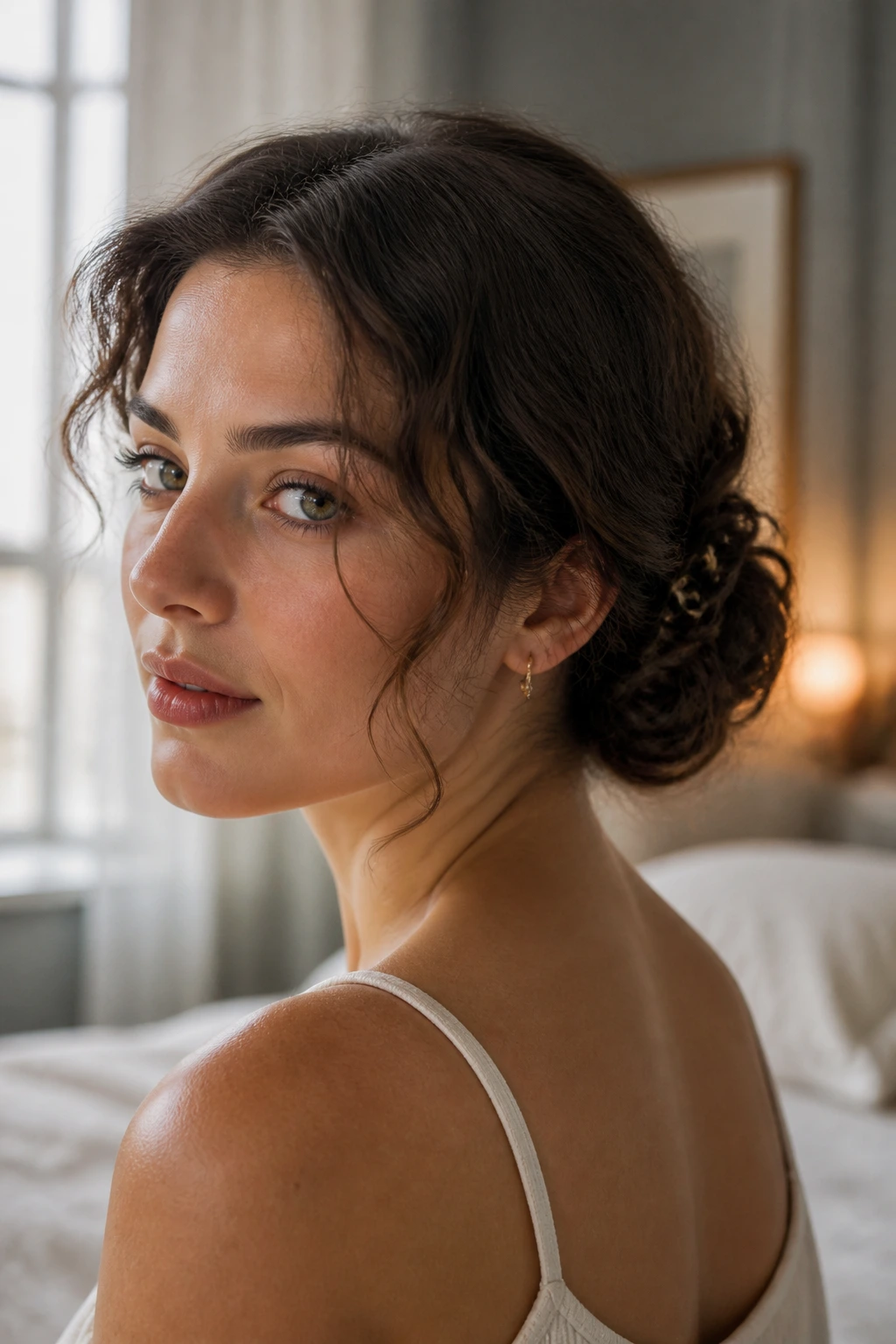 Close-up of a real woman with The Low Roll Tuck hairstyle in warm window light