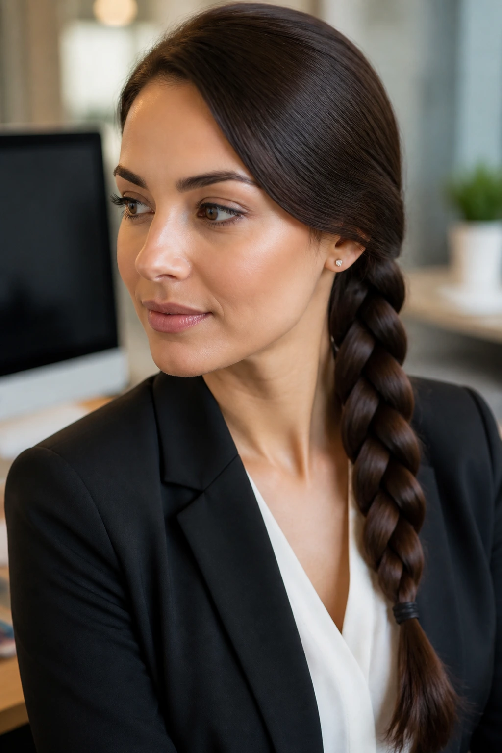 Close-up of a real woman with a neat low side braid in an office