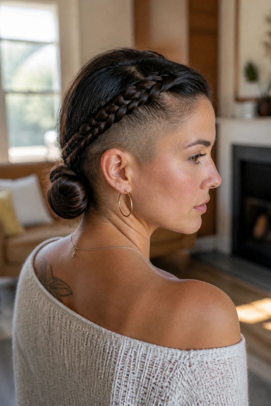 Close-up of a real woman with shaved sides and a low side braid forming a bun at the nape.