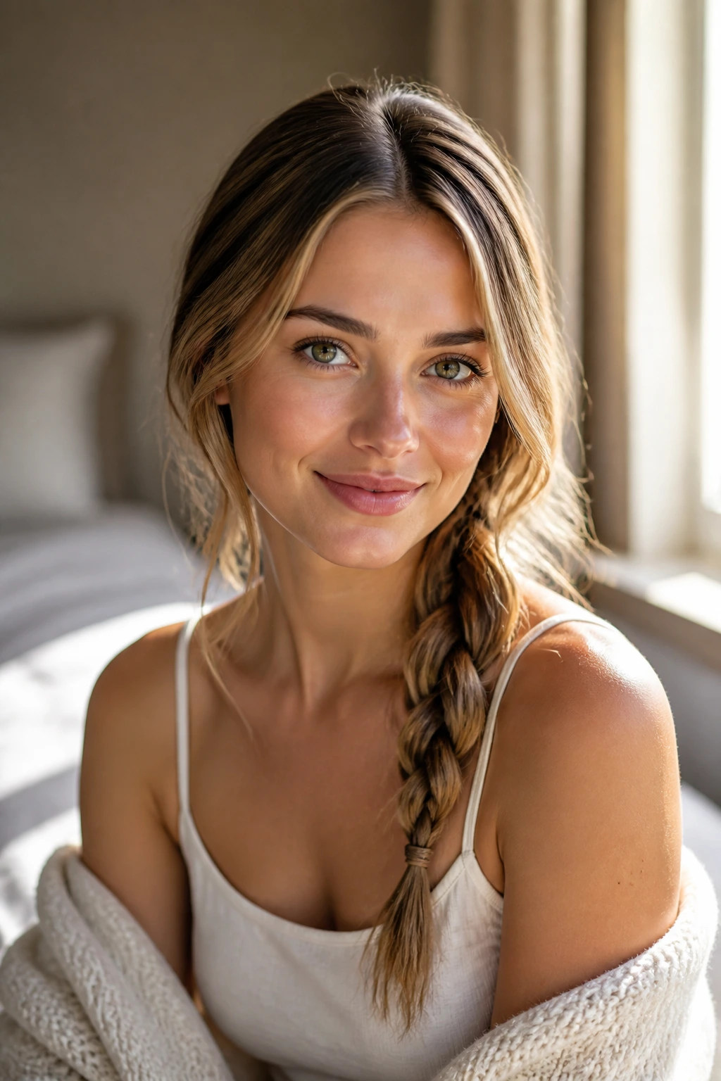 Close-up portrait of a woman with a low side braid and center front part
