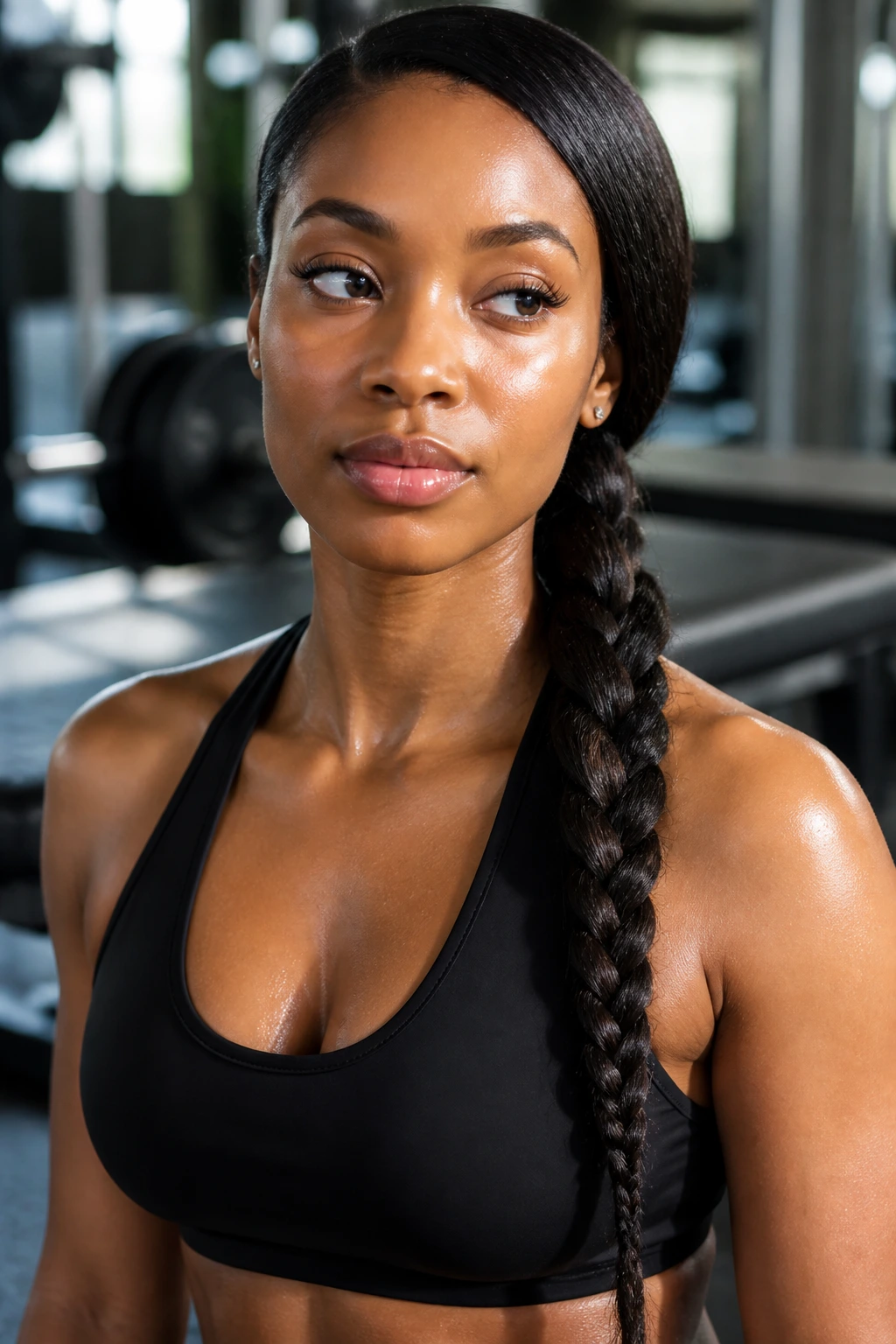 Close-up of a real woman with a long low side braid in a gym