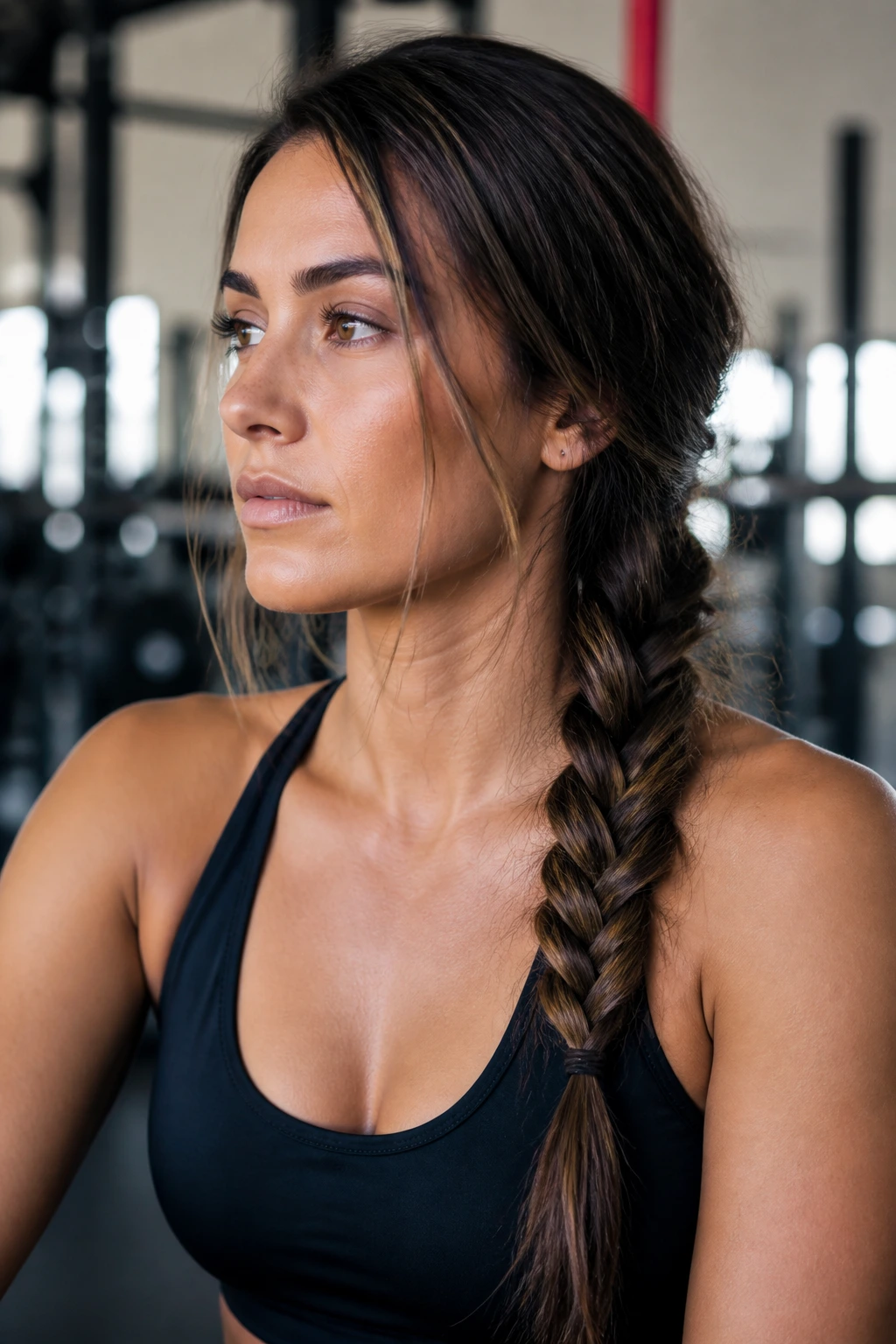 Real woman with a low side braid resting over her shoulder in a gym