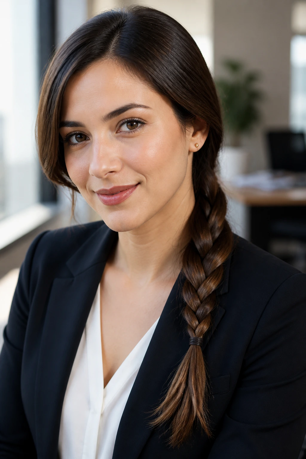 Close-up portrait of a real woman with a polished low side-braid resting on her shoulder in an office setting.