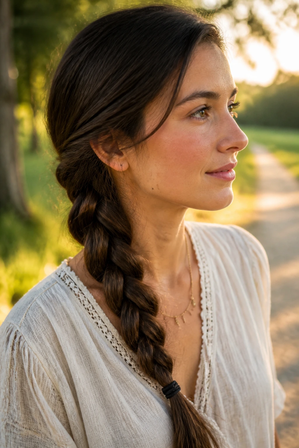Close-up of a woman with a single side braid over the shoulder in golden hour light