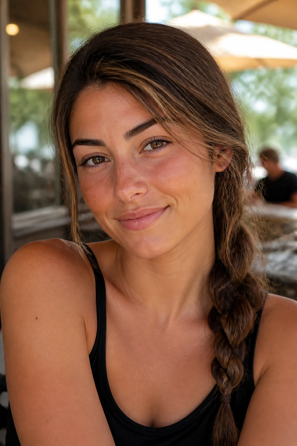 Close-up of a real woman with a low side braid over the shoulder in sunlight