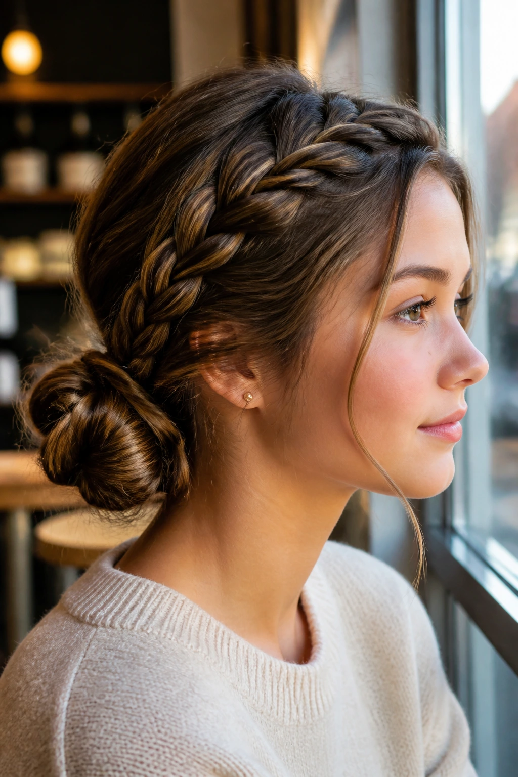 Close-up of a woman with a low side braided bun in a cafe setting