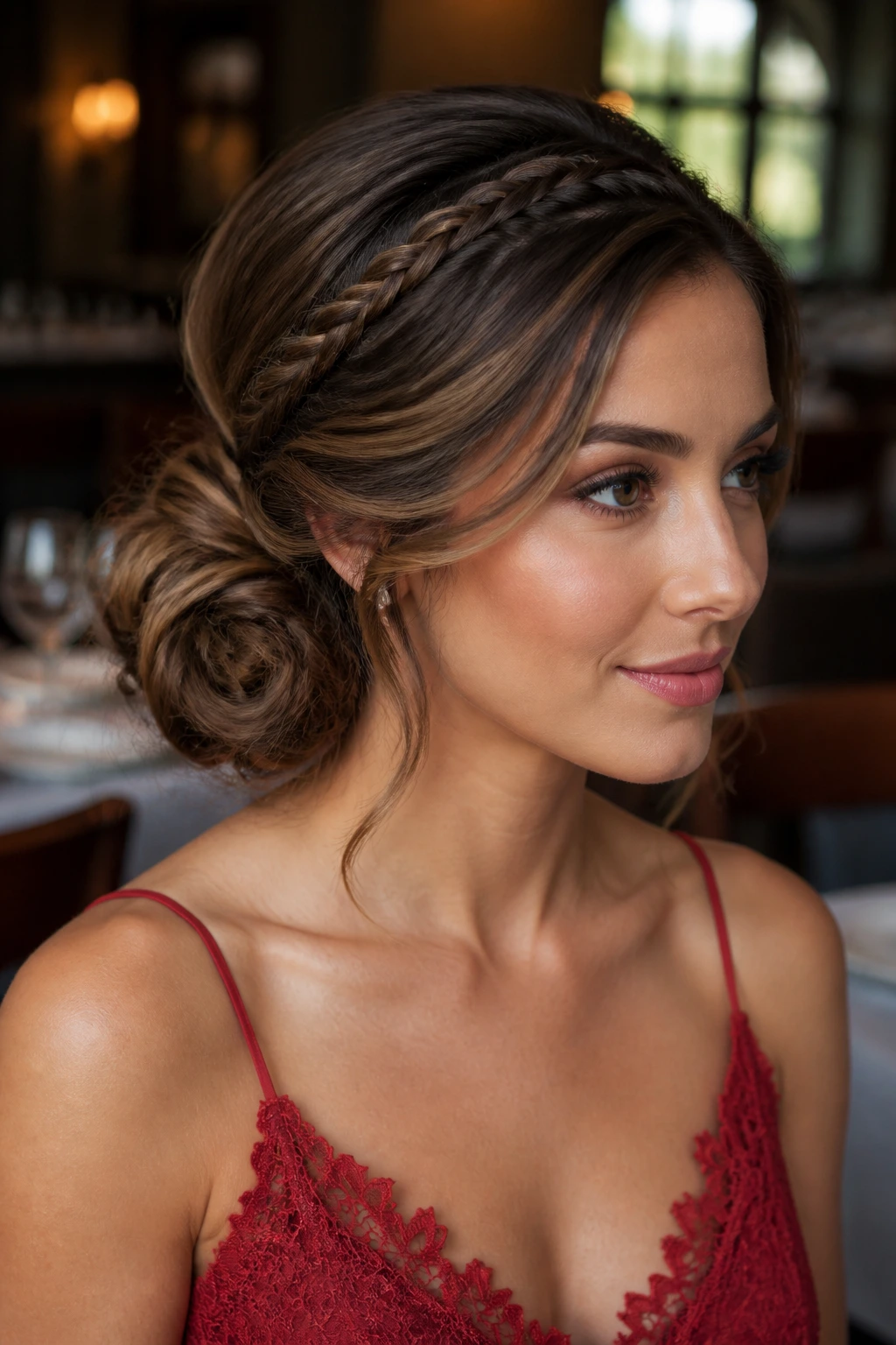 Close-up of a woman with a loose low side bun and braided hairline in a softly lit dining room.