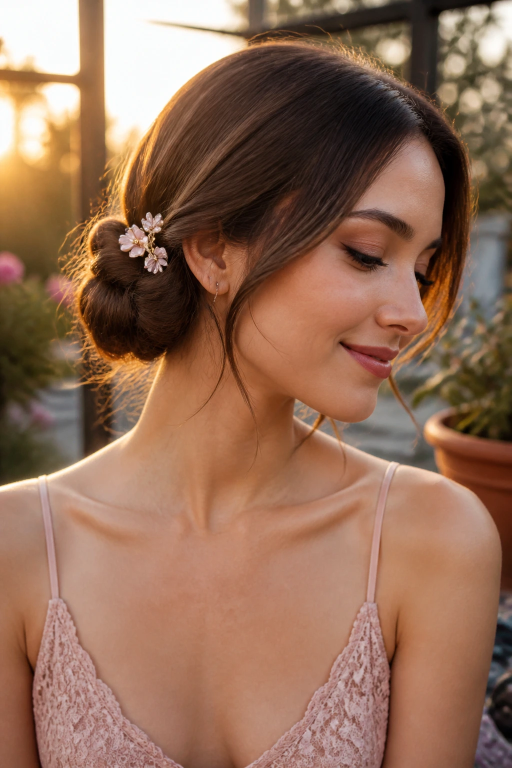 Portrait of a woman with a low side bun and a small floral pin behind the ear.
