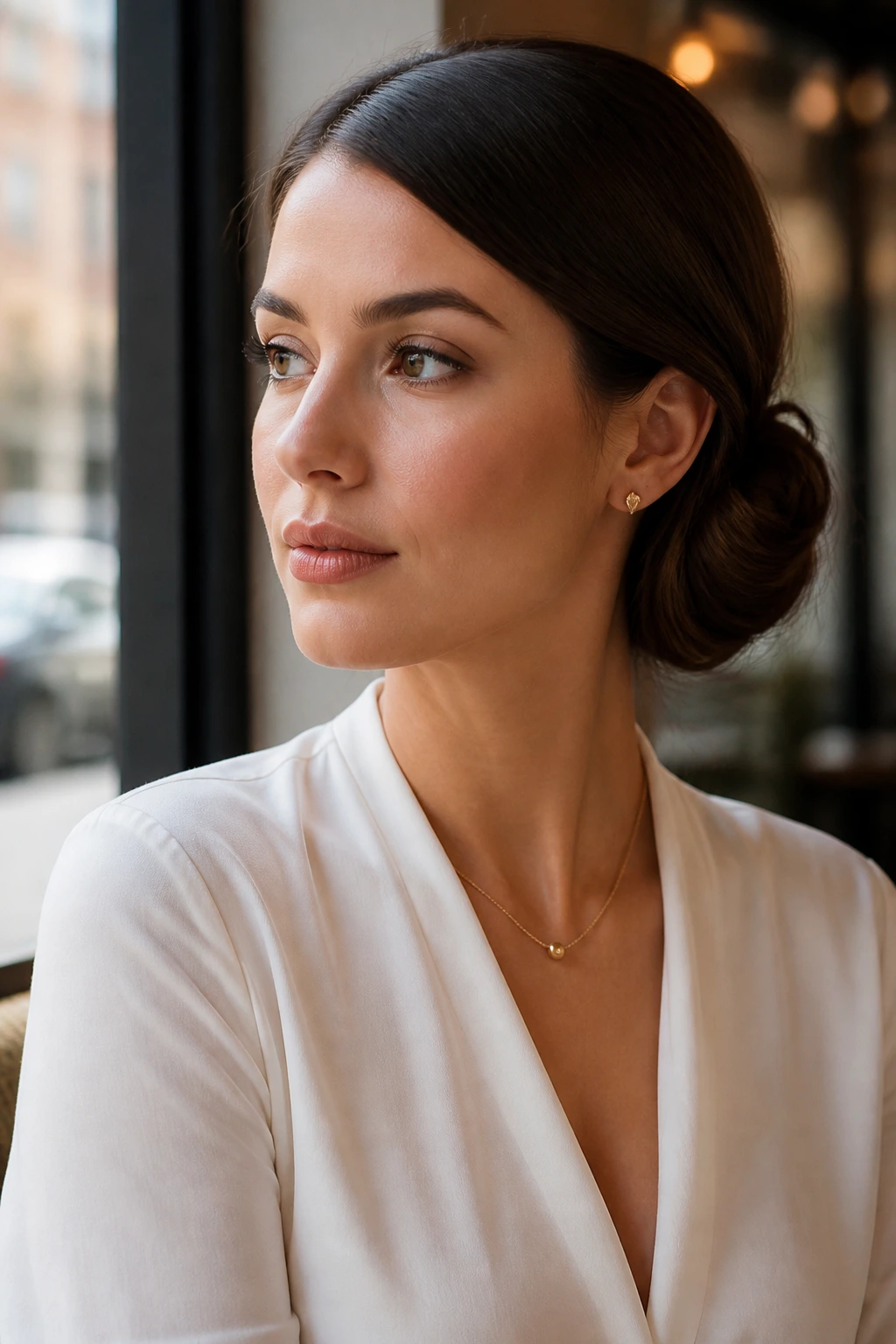 Close-up of a woman with a sleek low side bun in a cafe setting