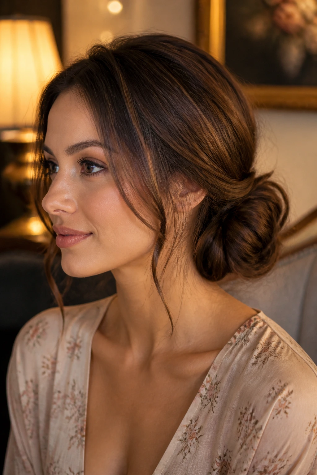 Close-up of a real woman with a low side bun and tendrils in a romantic living room