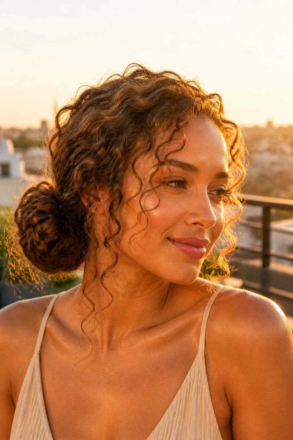 Close-up of a real woman with a low side bun and tendrils hairstyle