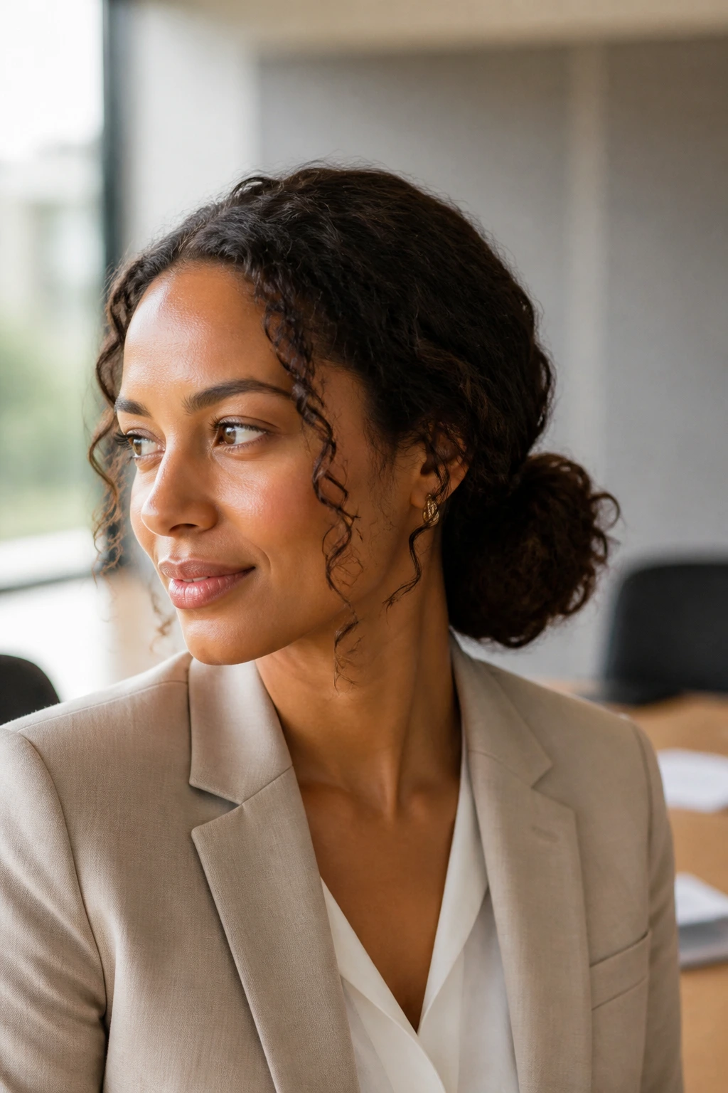 Close-up of a woman with a low side bun and tendrils in an office setting