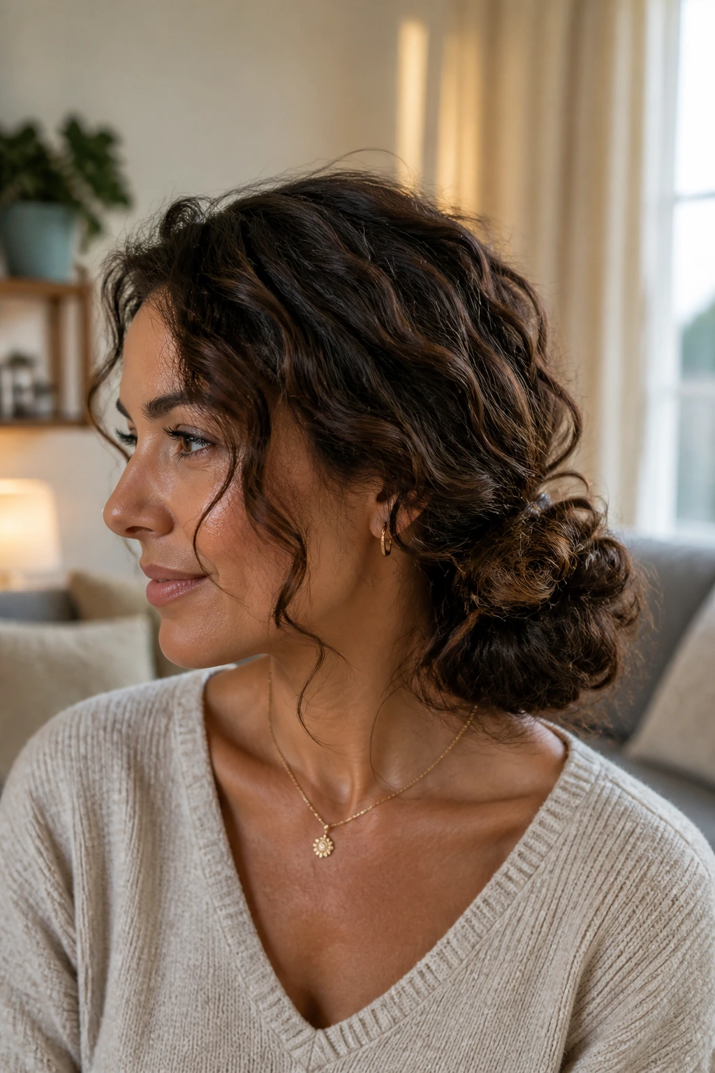 Medium close-up of a woman with a textured low side bun