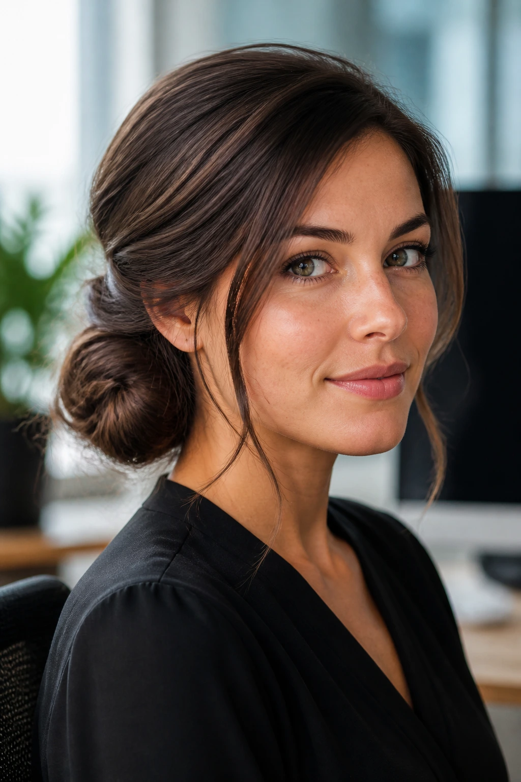 Close-up of a real woman with a textured low side bun in an office.