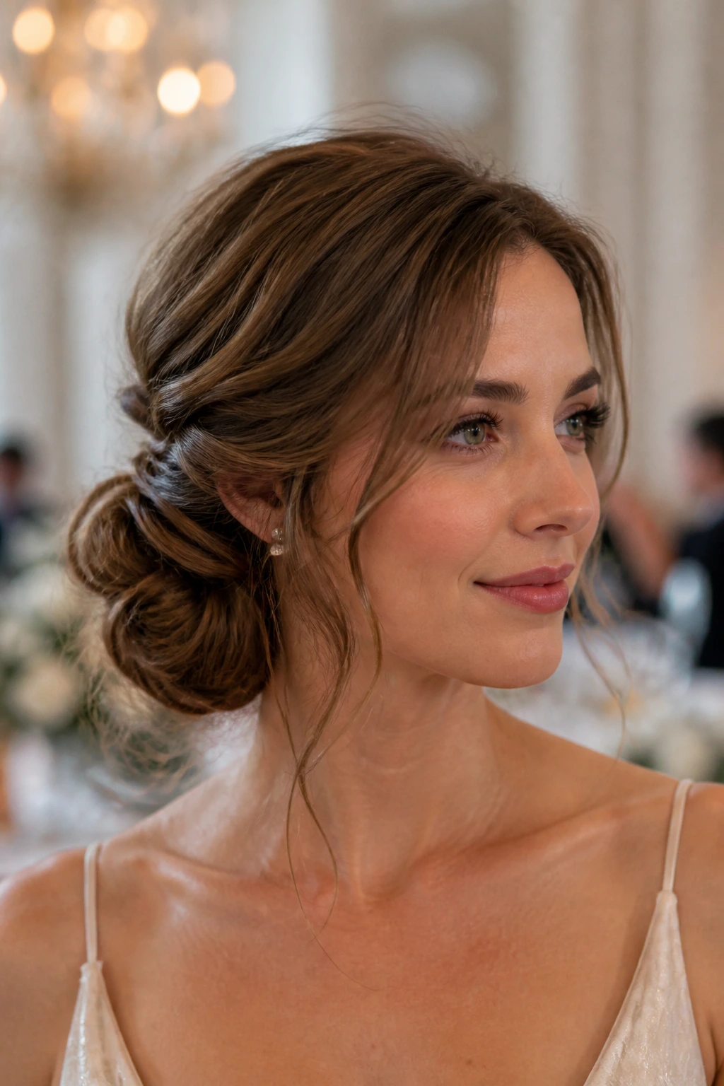 Portrait of a real woman with a low side chignon and wispy pieces