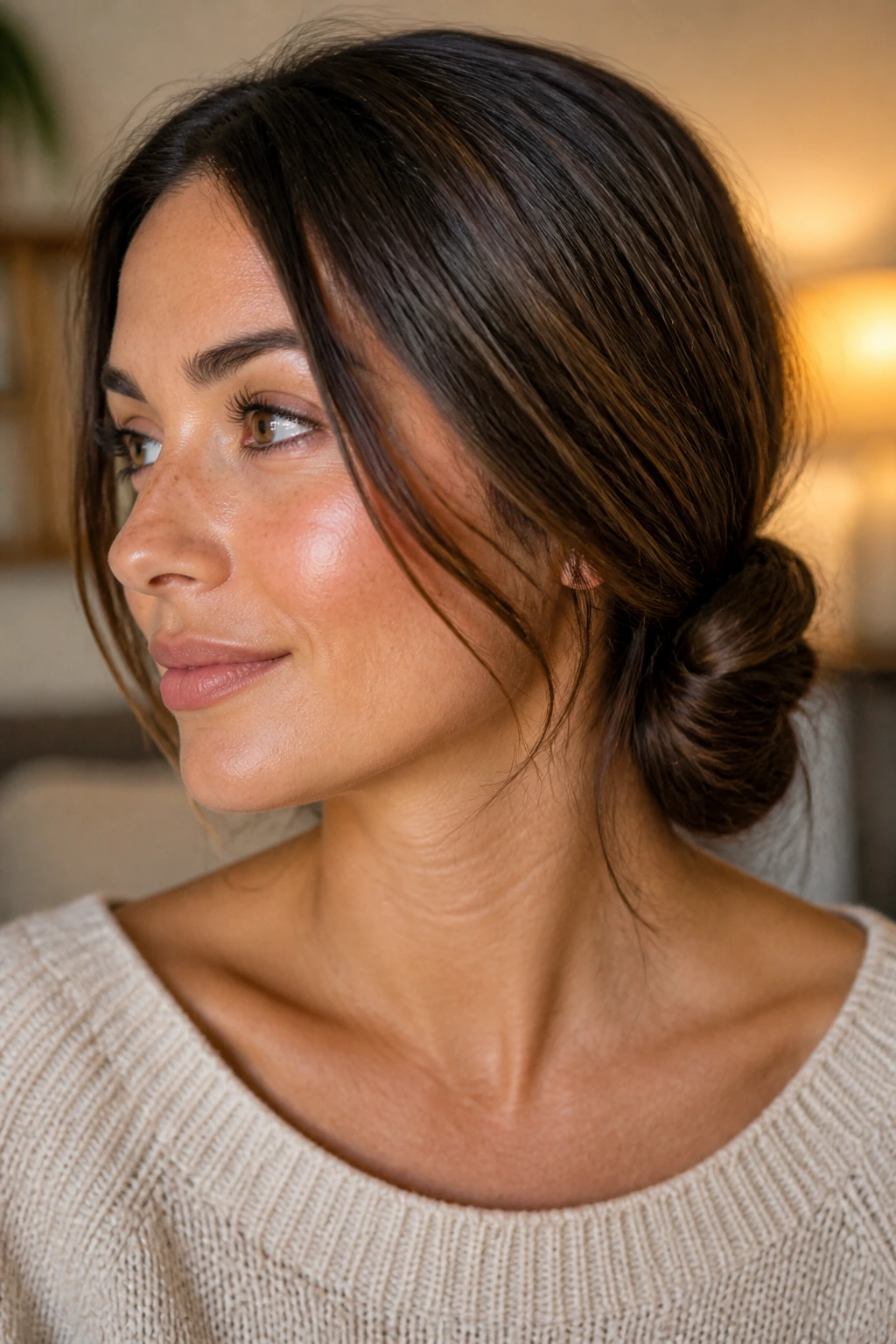 Close-up portrait of a woman with a low side knot on the nape.