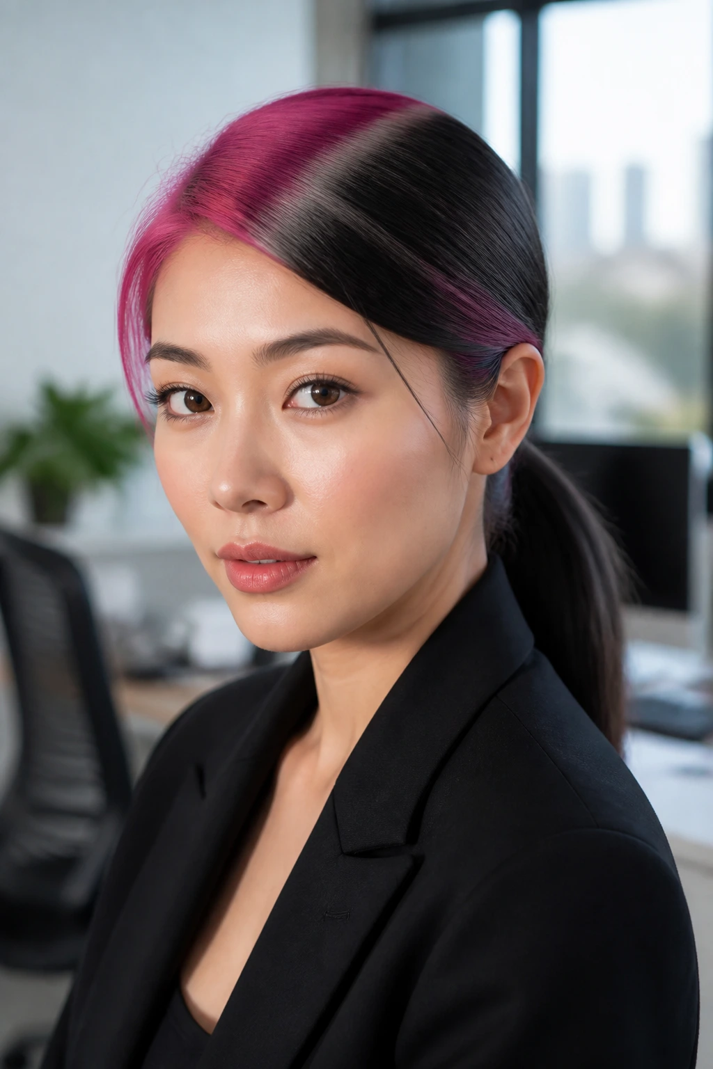 Close-up portrait of a real person with a sleek low side-part pony in two-tone Gemini hair
