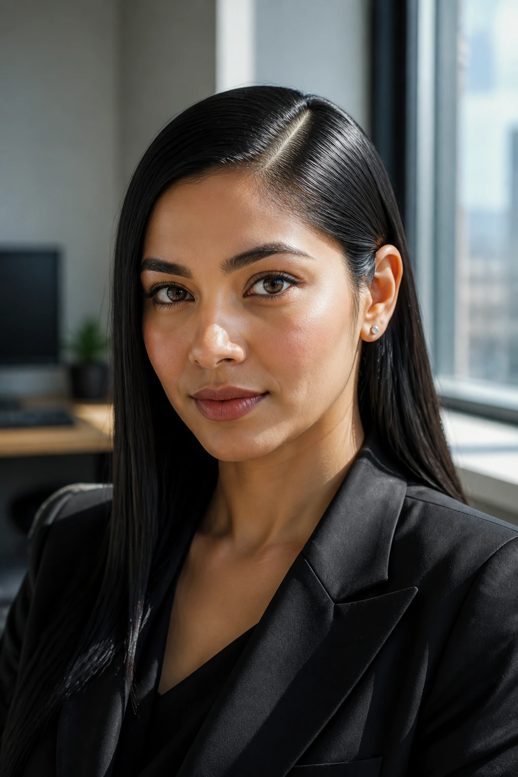Close-up portrait of a real woman with a low side-part sleek black hair tucked behind one ear in natural window light.