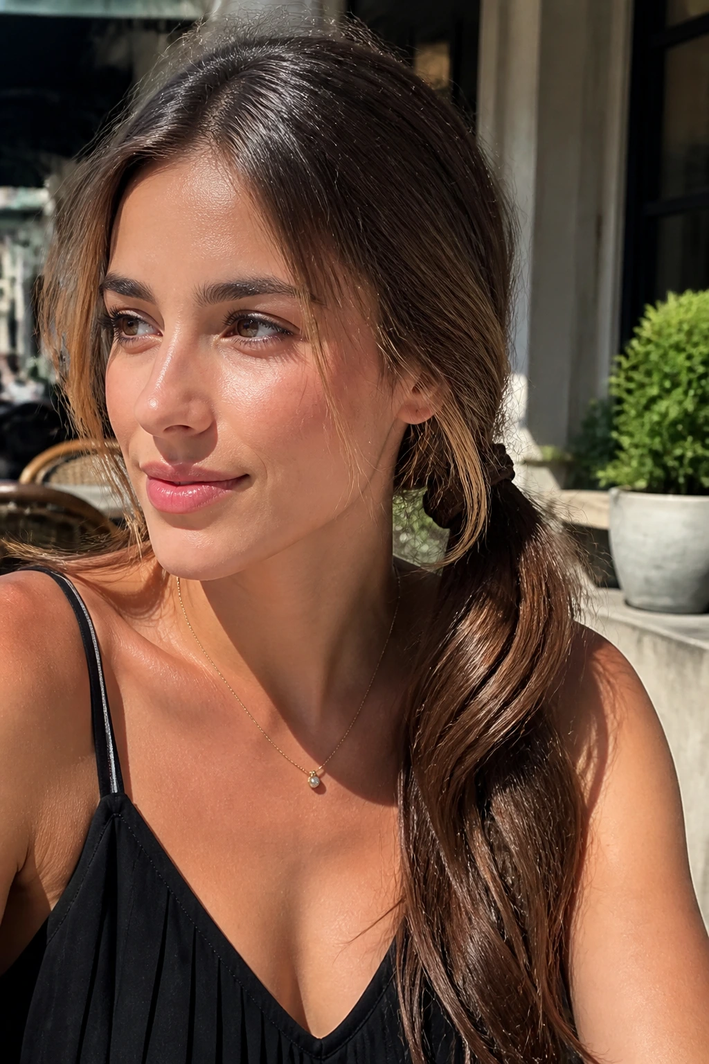 Close-up of a real woman with a low side ponytail