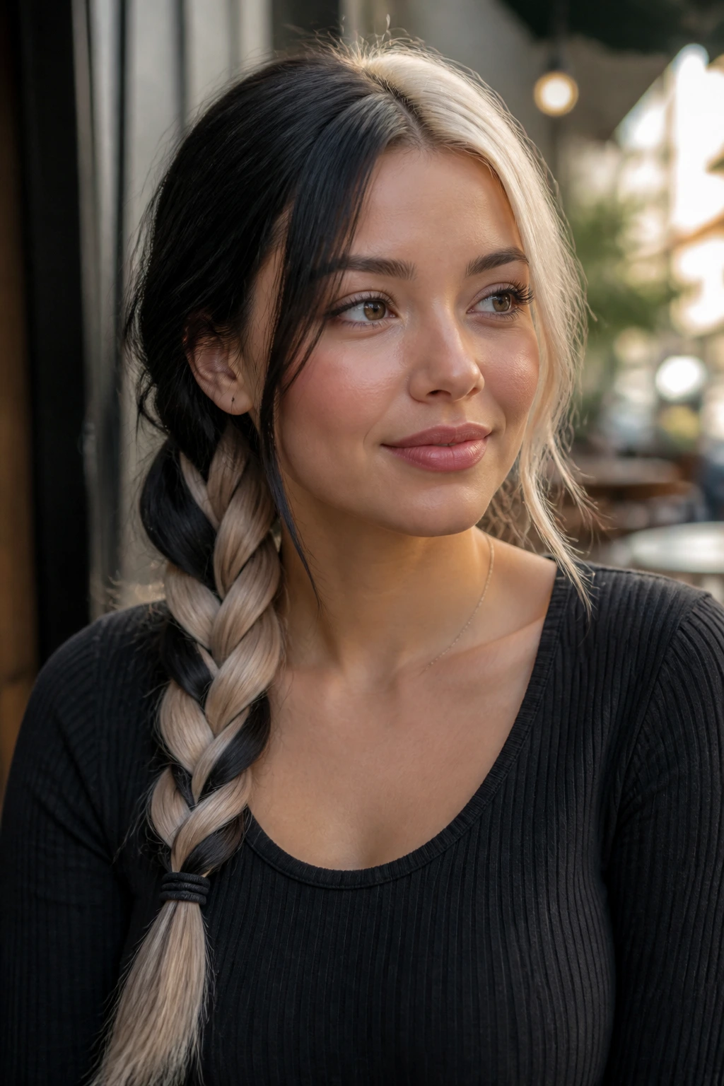 Close-up of a real person with a low side-swept braid showing split-dye colors