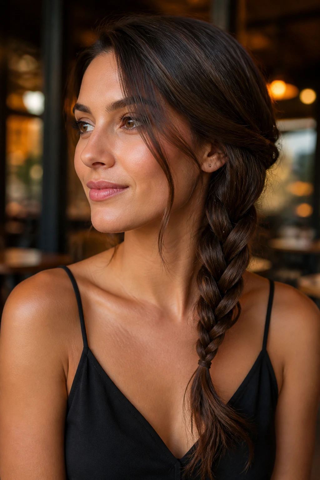 Close-up of a woman with a loose side-swept braid in warm light