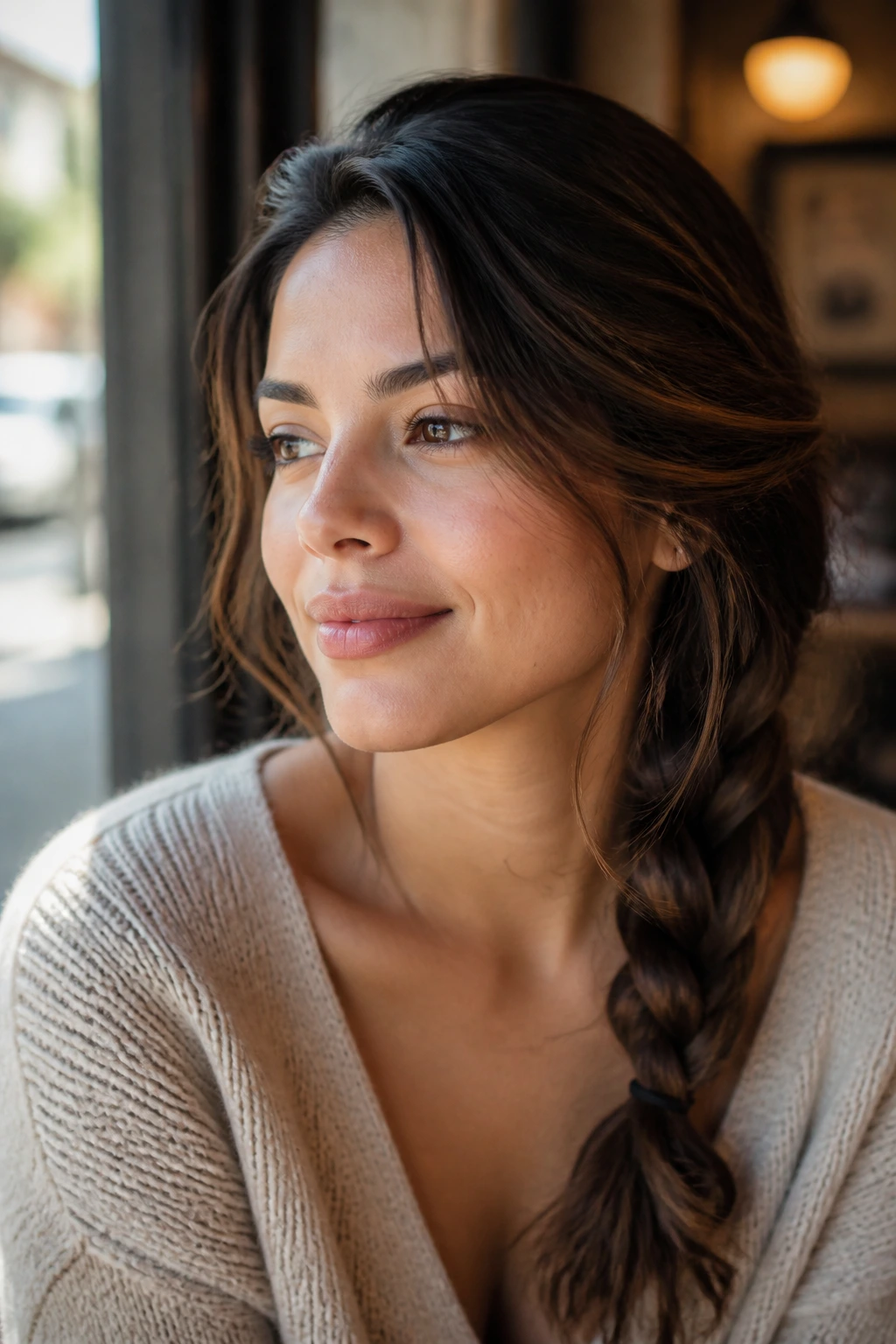 Close-up of a real woman with a loose side-swept braid in warm cafe light.