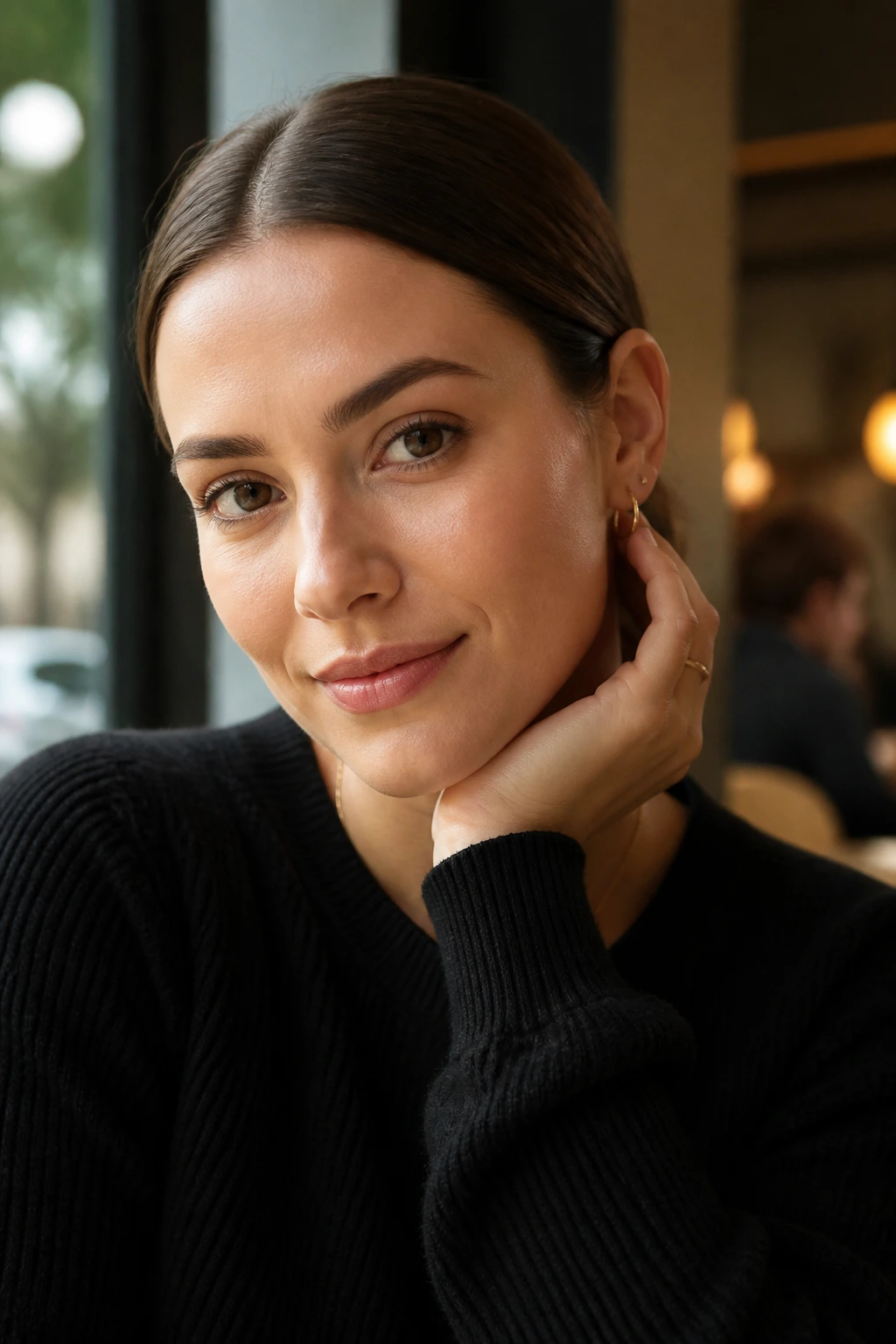 Close-up portrait of a real person with hair tucked behind the ears at a middle part